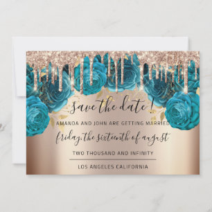 Save the Date Florals Rose Gold Tropfen Aquamarin