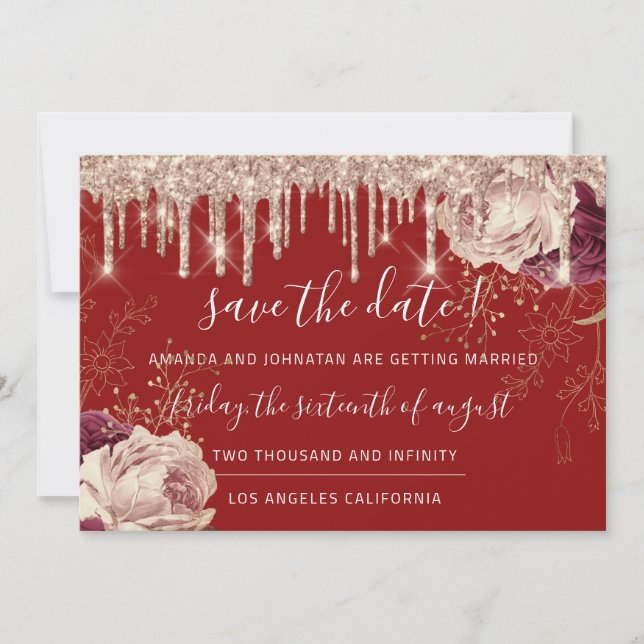 Save the Date Florals Rose Gold Tropfen Burgund (Vorderseite)