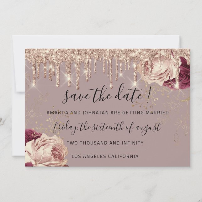 Save the Date Florals Rose Gold Tropfen Marsala (Vorderseite)
