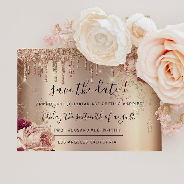 Save the Date Florals Rose Gold Tropfens Marsala (Save The Date Florals Rose Gold Drips Marsala)