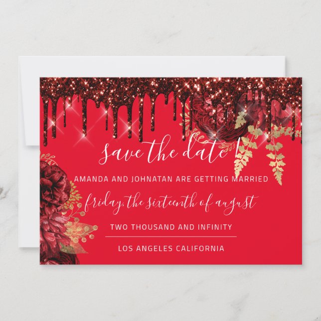 Save the Date Florals Rose Tropfen Burgundy Red (Vorderseite)