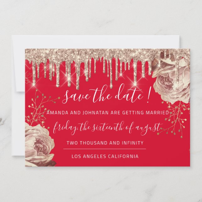 Save the Date Florals Rose Tropfen Rotes Elfenbein (Vorderseite)