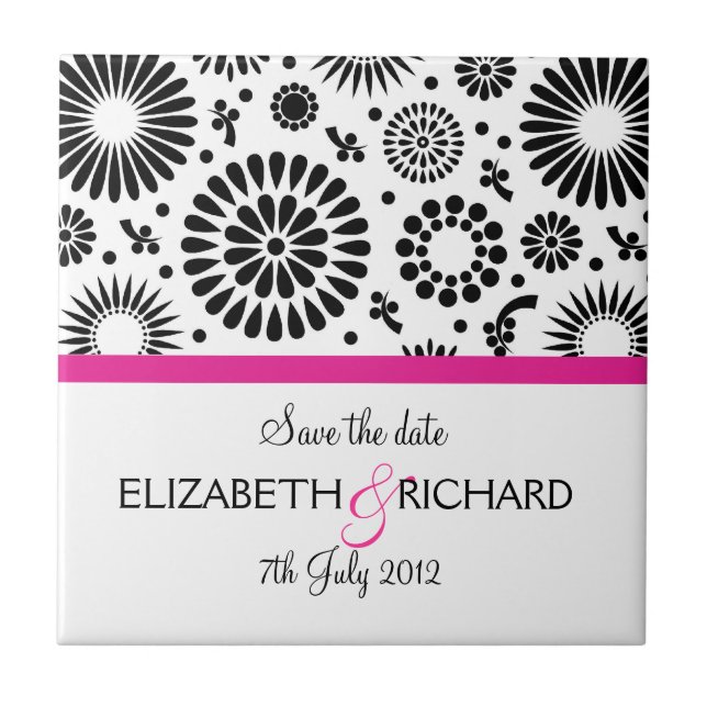 Save the Date Folk Black White Flower Boho Wedding Fliese (Vorderseite)