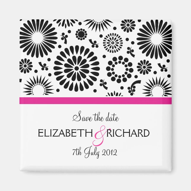 Save the Date Folk Black White Flower Boho Wedding Magnet (Vorne)