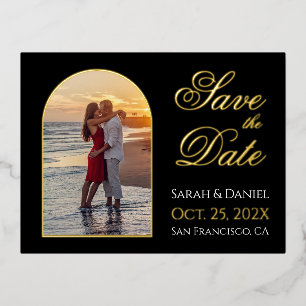 Save the Date Foto Arch Black Gold Elegantes Skrip Folie Einladungspostkarte