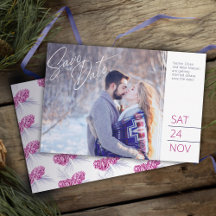 Save the Date Foto Blau lila Kiefernzapfen Kunst