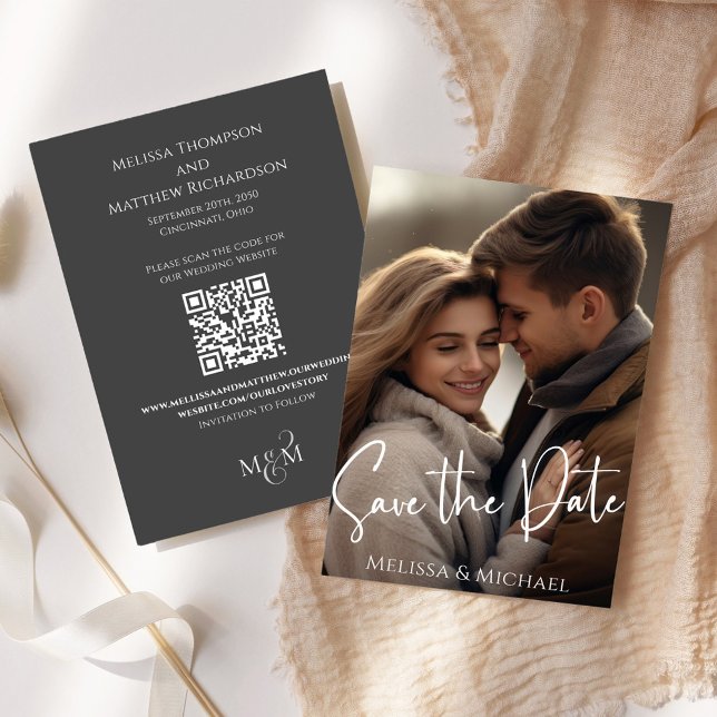 Save the Date Foto Calligraphy Script Elegant (Elegant Wedding Save the Date photo card with scannable QR Code. )