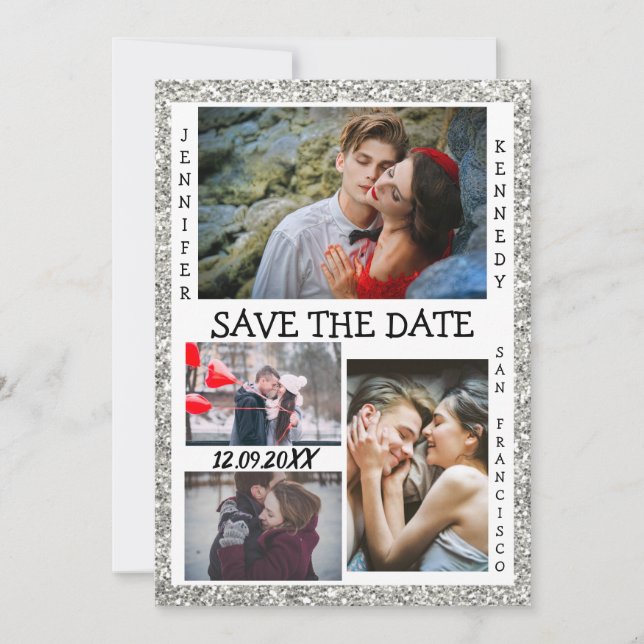 Save the Date Foto Collage Wedding Silver Glitzer (Vorderseite)