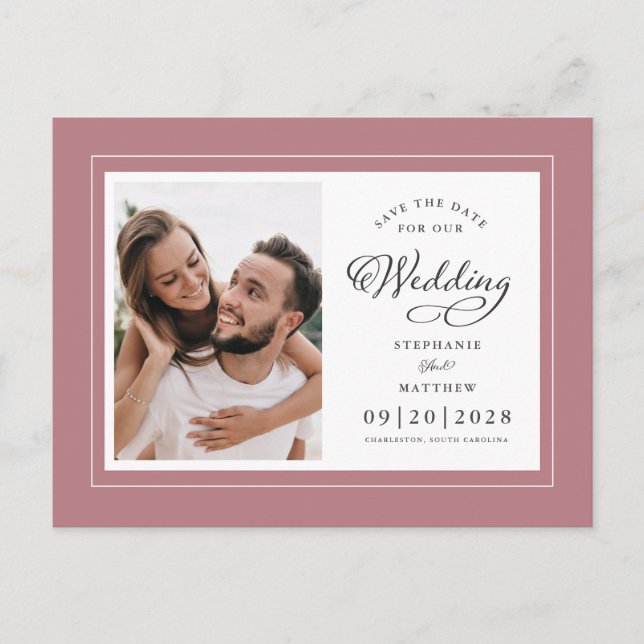 Save the Date Foto Dusty Rose Pink Chic Hochzeit Ankündigungspostkarte (Vorderseite)