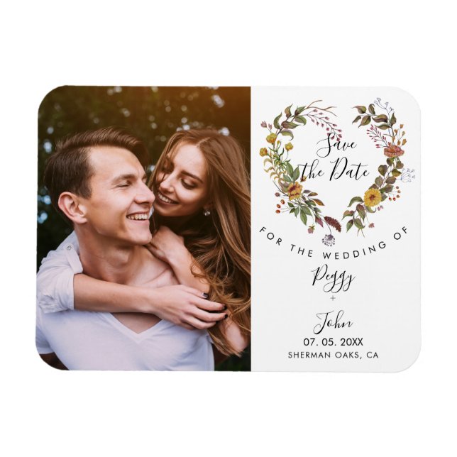 Save the Date Foto Elegant Floral Love Heart Magnet (Horizontal)