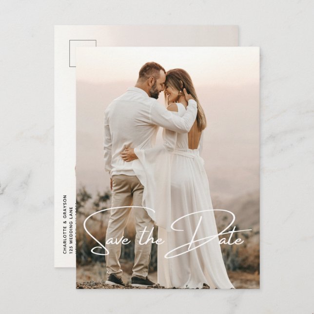 Save the Date Foto Elegante Hochzeitserklärung Ankündigungspostkarte (Vorne/Hinten)