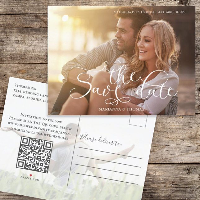 Save the Date Foto Eleganter Script QR Code Ankündigungspostkarte (Von Creator hochgeladen)