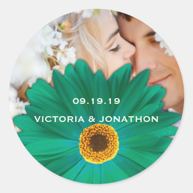 Save the Date Foto Emerald Gerber Daisy Wedding Runder Aufkleber (Vorderseite)