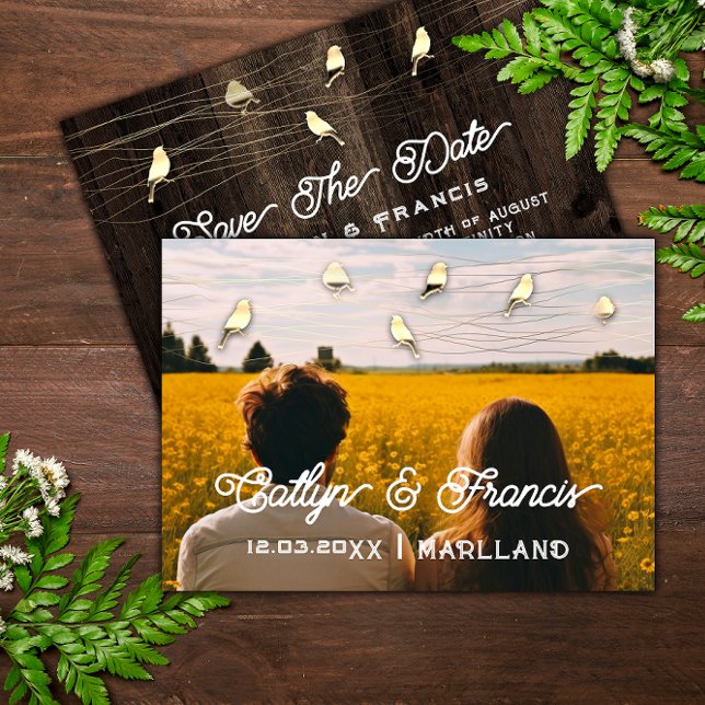 Save the Date Foto Gold Wood Country Bird Budget Einladung (Save The Date Photo Gold Wood Country Bird Budget Invitation)
