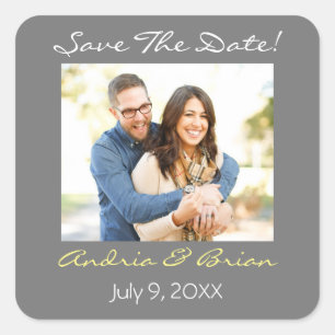 Save the Date/ Foto/Grau-Gelb personalisieren Quadratischer Aufkleber