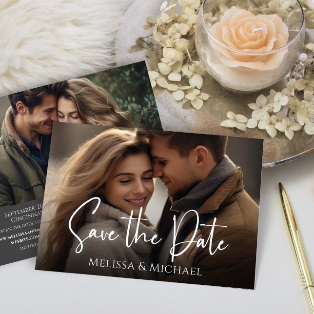 Save the Date Foto Hochzeitskript (Wedding save the date photo card with QR code and a two photo template. )