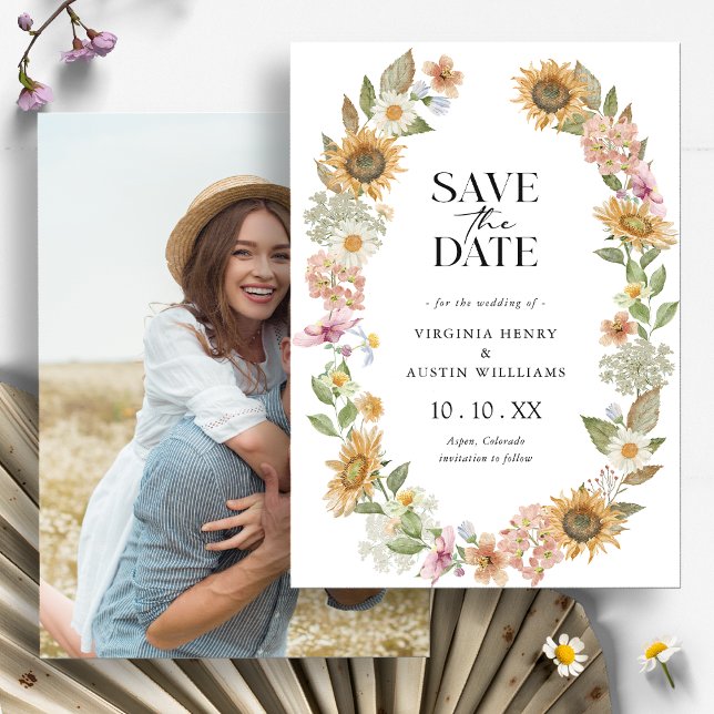 Save the Date Foto-Karte für Sonnenblumen (Watercolor Wildflower Sunflower Wreath Floral Photo Save the Date Card
by Painted Paperie)