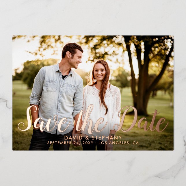 Save the Date Foto Moderne einfache Script-Rose Go Folieneinladung (Vorderseite)