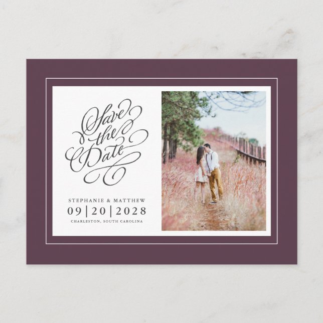 Save the Date Foto Picture Lila Elegante Hochzeit Ankündigungspostkarte (Vorderseite)