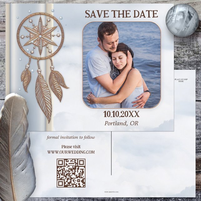 Save the Date Foto QR Code Dreamcatcher Postkarte (Von Creator hochgeladen)