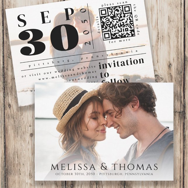 Save the Date Foto QR Code Moderne Typografie (Von Creator hochgeladen)