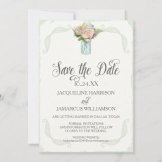 Save the Date Foto Rustikale Blumenmason Jar Rose Einladung
