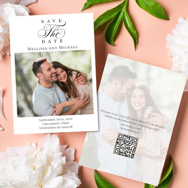 Save the Date Foto Script Wedding (Save the date photo card with a scannable QR code with calligraphy script. )