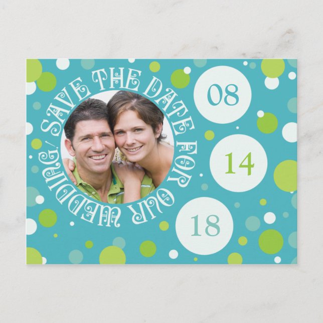 Save the Date Foto Template Blue Green Wedding Ankündigungspostkarte (Vorderseite)
