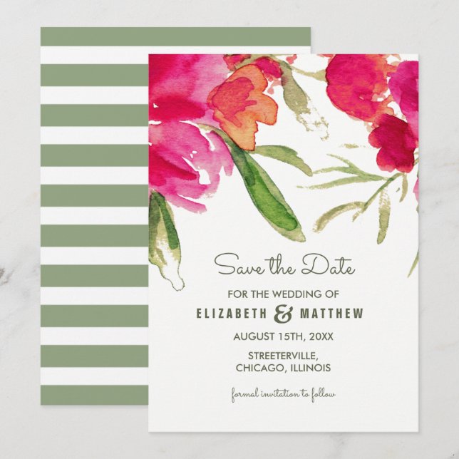 Save The Date. Fuchsia Green Floral Einladung (Vorne/Hinten)