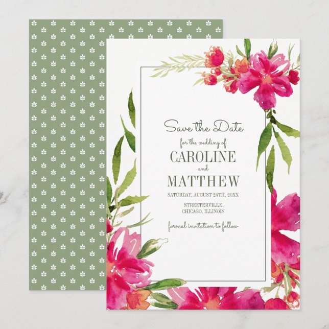 Save The Date. Fuchsia Green Floral Wedding Card Einladung (Vorne/Hinten)