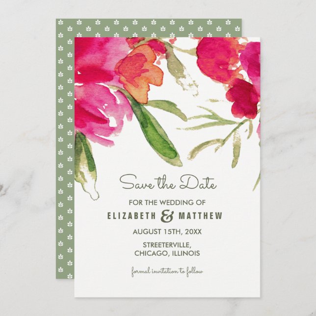Save The Date. Fuchsia Green Floral Wedding Einladung (Vorne/Hinten)