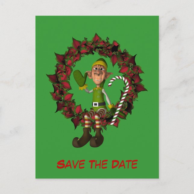Save the Date Funny Elf auf Wreath Holiday Ankündigungspostkarte (Vorderseite)