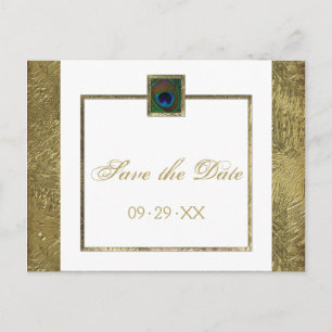 Save the Date für die White and Gold Pfauenfederun Ankündigungspostkarte