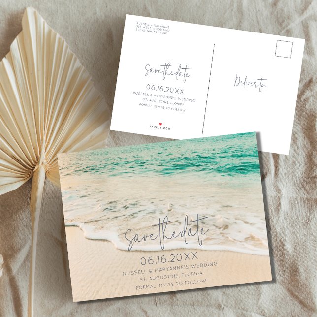 Save the Date für einfache Hochzeiten am Strand Ankündigungspostkarte (Von Creator hochgeladen)