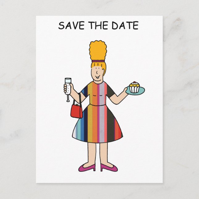 Save the Date für Tea Party Cartoon Lady Ankündigungspostkarte (Vorderseite)