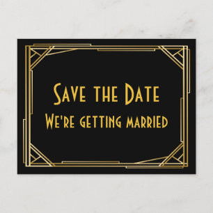 Save the Date Gatsby Gold Black Art Deco Hochzeit Ankündigungspostkarte