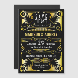 Save the Date Gatsby Hochzeits Art Deco Gold Schwa Magneteinladung