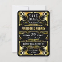 Save the Date Gatsby Wedding Art Deco Gold Black