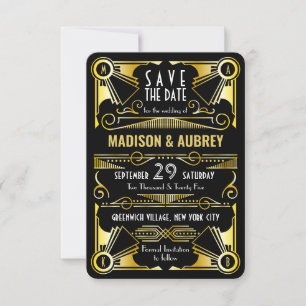 Save the Date Gatsby Wedding Art Deco Gold Black