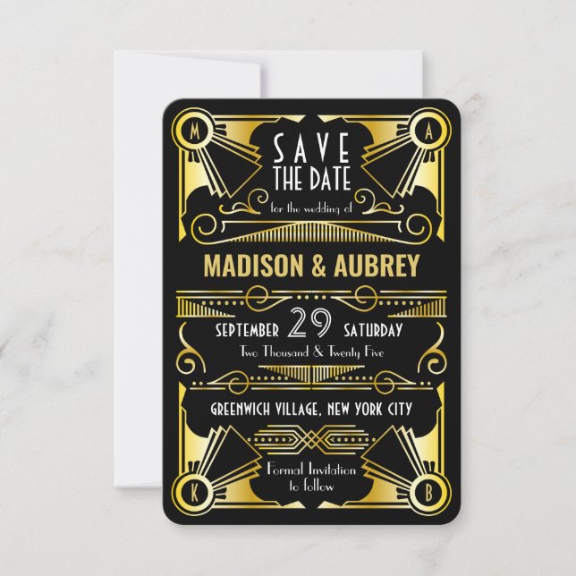 Save the Date Gatsby Wedding Art Deco Gold Black (Vorderseite)