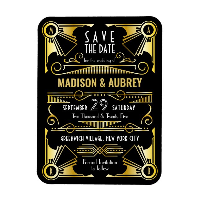 Save the Date Gatsby Wedding Art Deco Gold Black Magnet (Vertikal)