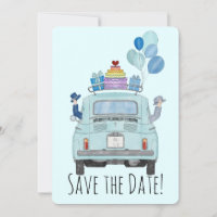 Save the Date Gay Couple in Fiat 500.