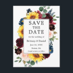 Save the Date gemischte Blumenrahmen für Aquarellf Ankündigungspostkarte<br><div class="desc">Moderne elegante Watercolor Burgundy Blumenrahmen Hochzeitssache speichern Die Verlobung Datum Ankündigung Postcard beinhaltet burgundische Rose,  rosa Rosen,  rote Blume,  blaue Blumen,  Sonnenblumen,  Eukalyptus-Blätter und botanische Vegetation.</div>