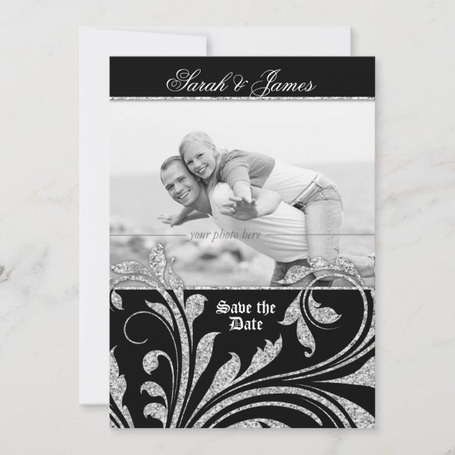 Save the Date Glitzer Blätter laden Silver Elegant (Vorderseite)