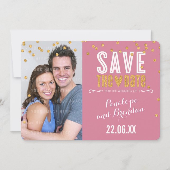 SAVE THE DATE Glitzer Konfetti Rose pink (Vorderseite)