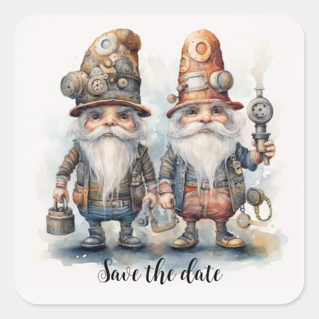 Save the Date Gnomen mit Laterne und Werkzeugen Quadratischer Aufkleber (Vorderseite)