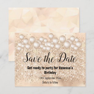 Save the Date Gold Balloons Glitzer Ankündigungspostkarte