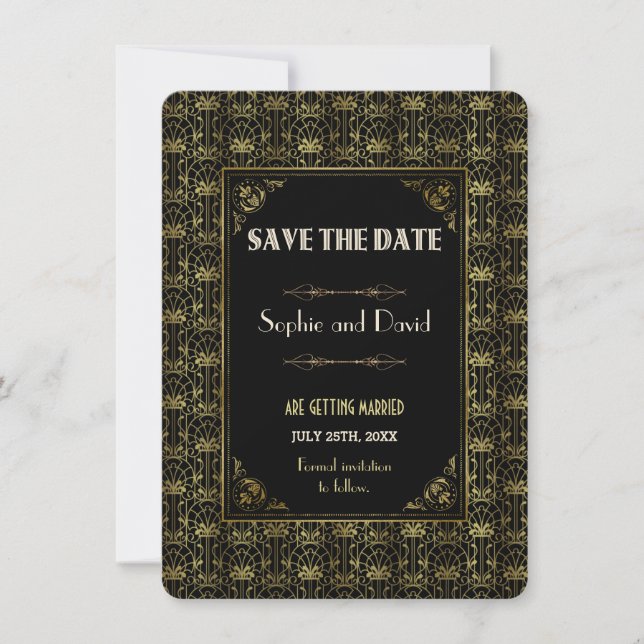 Save The Date | Gold Black Roaring 20s Art Deco Einladung (Vorderseite)