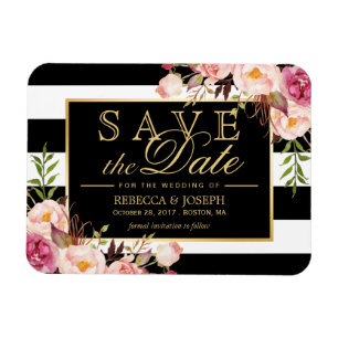 Save the Date - Gold Blumendekor B&W Streifen Magnet
