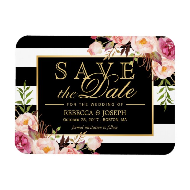 Save the Date - Gold Blumendekor B&W Streifen Magnet (Horizontal)